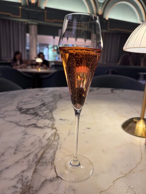 A glass of Rose Collet Brut Champagne as part of the Tender at the Stock Exchange Hotel's Afternoon Tea