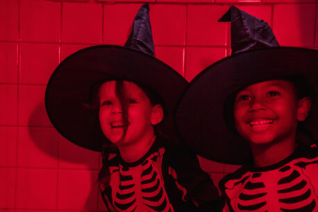 Two children dressed up for Halloween for the Spooky City event at Camelot Theme Park.