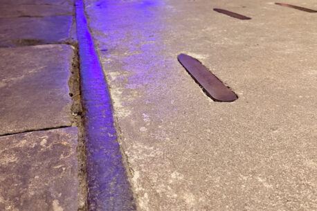 Steel rails on the floor at 53two theatre in Manchester.